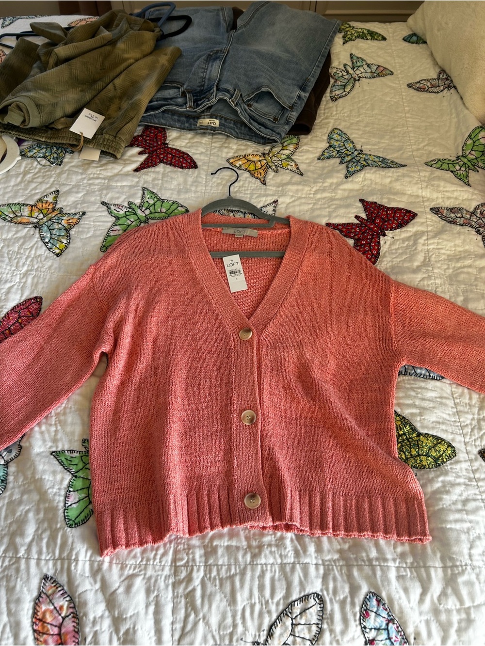 LOFT Coral Button-Front V-Neck Cardigan
